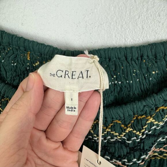 The Great NWT Sea Glass Top Palm Leaf Green Smocked Billowy Checked Cotton Top - Picture 13 of 16